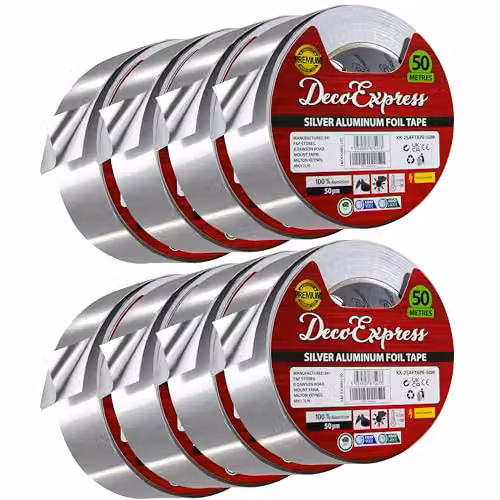 Deco Express Silver Aluminium Foil Insulation Tape, 8 Rolls, Width: 4.5 cm, Length: 50 m per roll