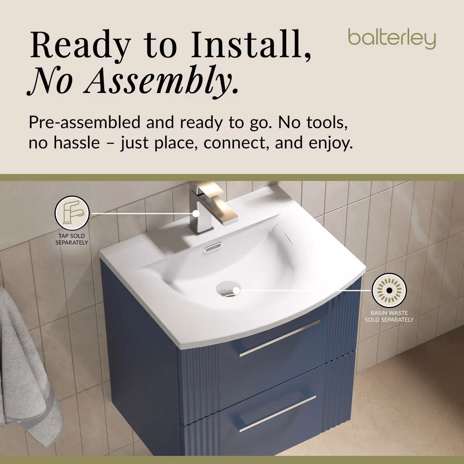 Balterley Wall Hung 2 Drawer Vanity Unit with Curved Basin, Satin Blue – 4
