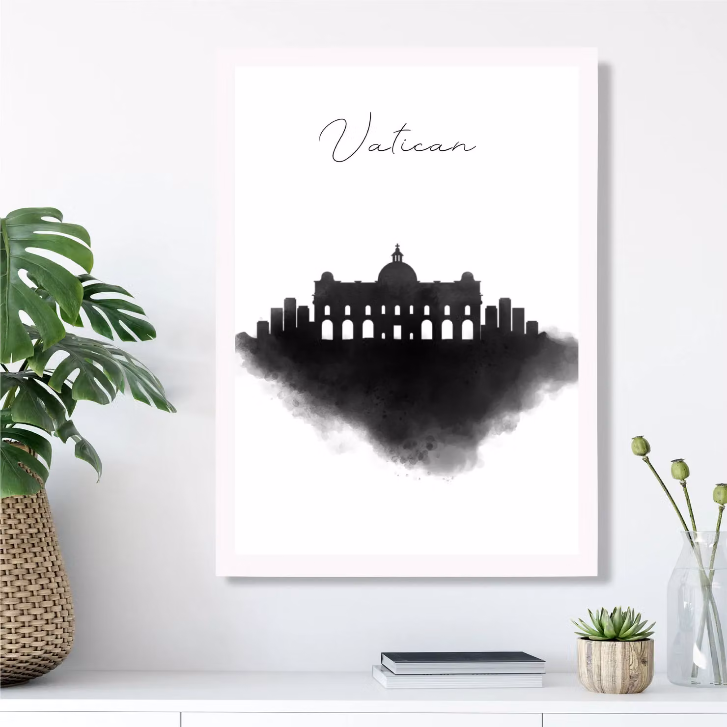 ARTZE Vatican Watercolour Skyline City Framed Print, Black and White, A2 – 2