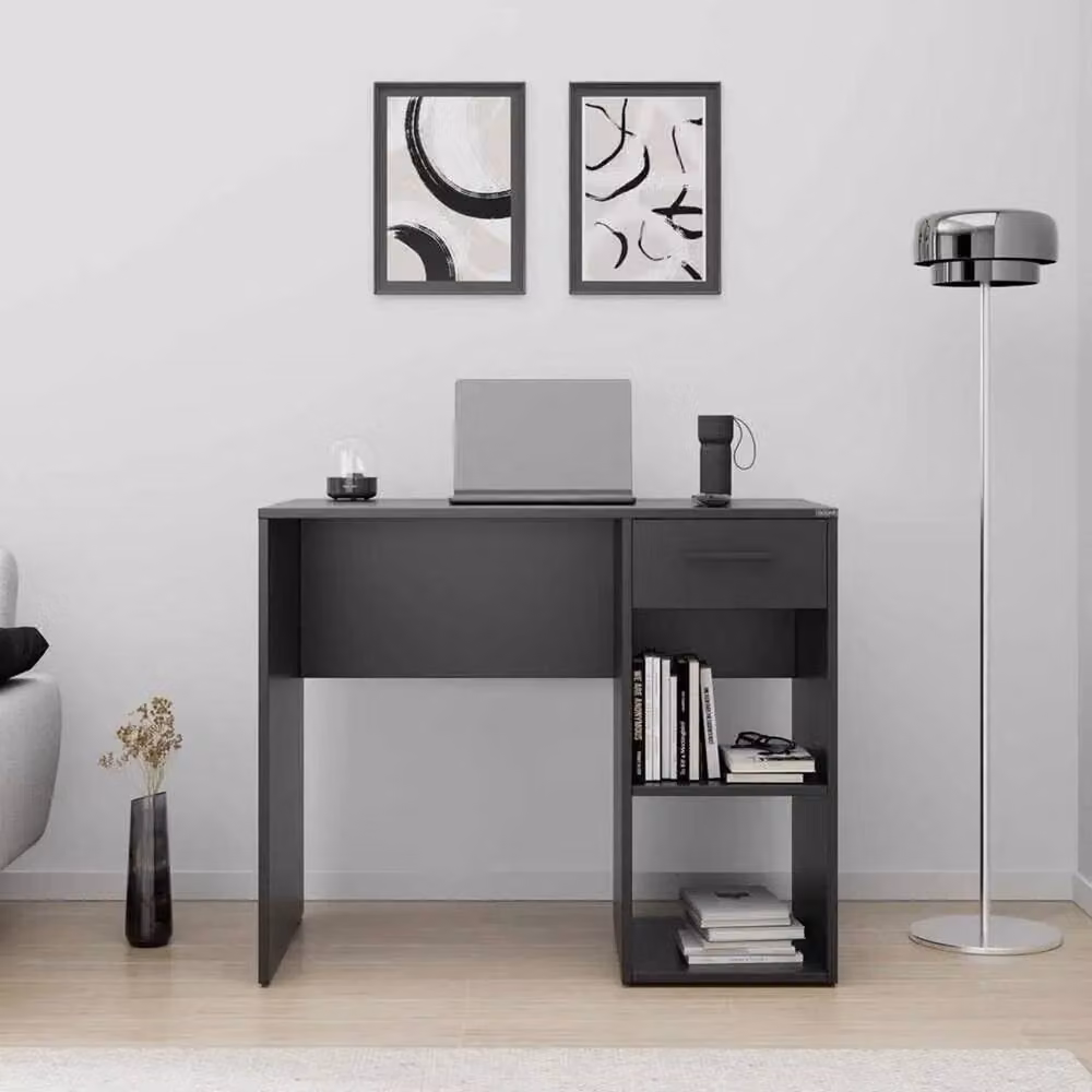 FORGEVIO Modern Grey Writing Desk with Single Pedestal and Two Shelves – 3