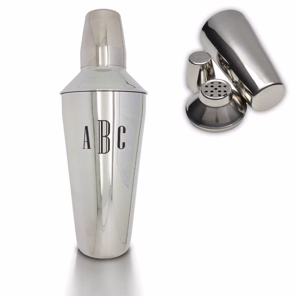 Uniqueful Personalised Triple Initials Engraved Stainless Steel Cocktail Shaker in Silver, 800 ml