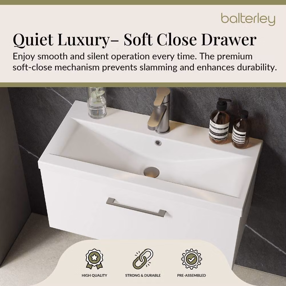 Balterley Gloss White Wall Hung 1 Drawer Vanity Basin Unit with Pewter Handle, Width: 80 cm – 3