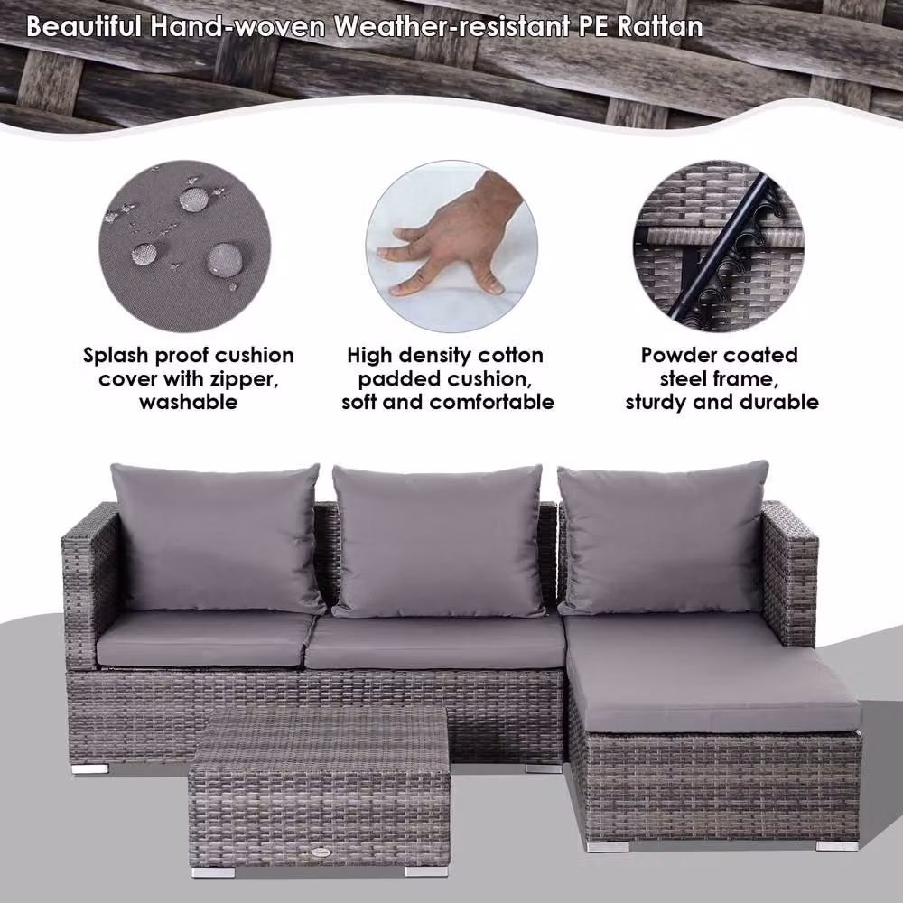 ERGOVEXA 3 Piece Grey Rattan Garden Furniture Set with Upholstered Cushions and Coffee Table – 5