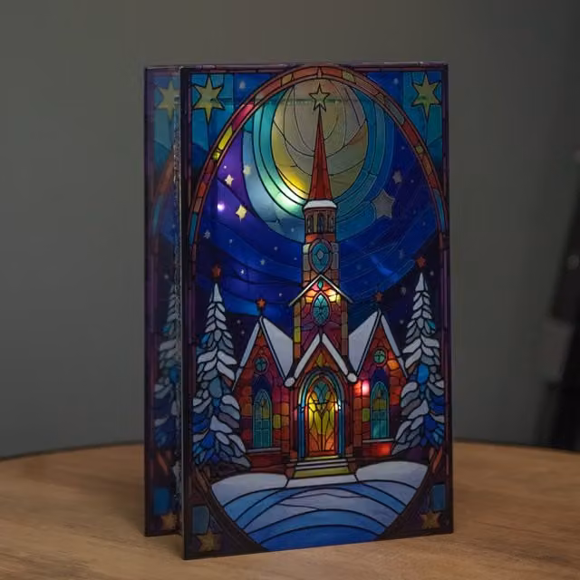 Samuel Alexander Multicolour Stained Glass Christmas Tabletop Decoration with Church Scene and Warm White LEDs, Height: 21 cm