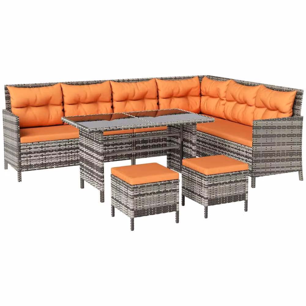 Wyld Haus Tasu 7 Seater Rattan Outdoor Corner Sofa Set with Orange and Grey Cushions – 2