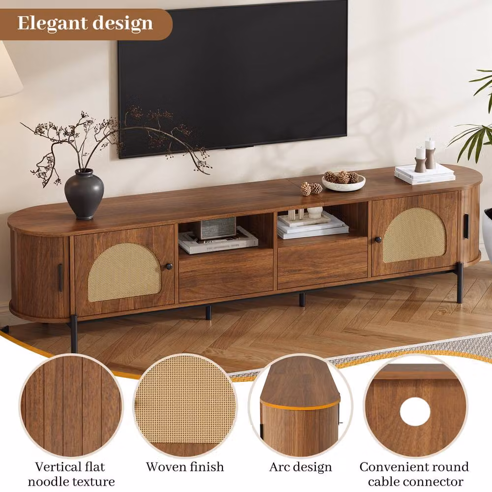 BTM Scandinavian Rattan TV Cabinet with Sliding Doors and Drawers in Walnut Brown and Black – 7