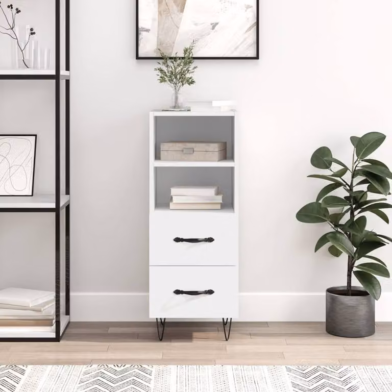 Berkfield Home White Modern Sideboard in Matt MDF and Metal, W/D/H: 34.5 x 34 x 90 cm