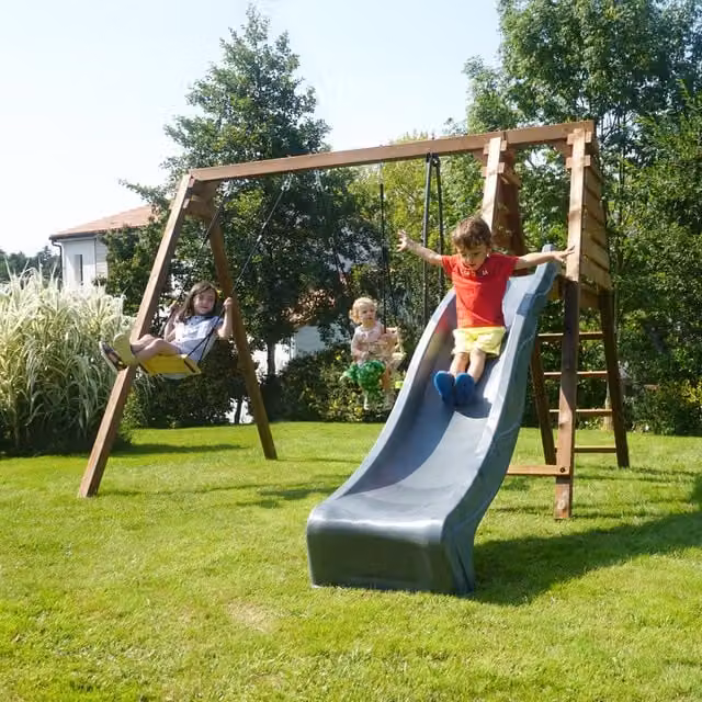Trefle Triple Wooden Swing Set with Slide, Brown