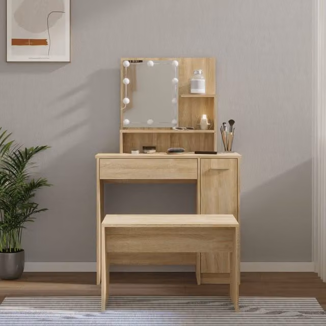 Berkfield Home Hollywood LED Dressing Table Set in Sonoma Oak Brown