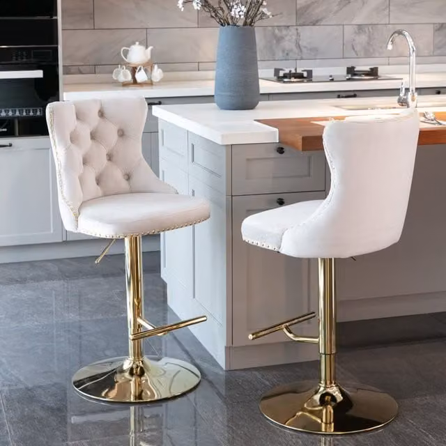 HomeTouch Set of 2 Luxury Velvet Swivel Bar Stools with Gold Metal Base in Beige