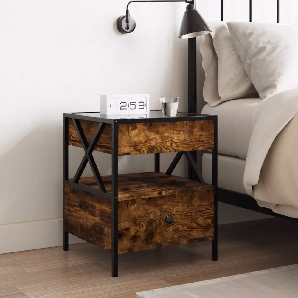 Berkfield Home Infinity LED Bedside Table in Smoked Oak Brown with Mirror Top, W/D/H: 40 x 40 x 51 cm – 2
