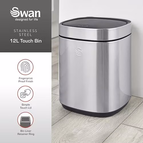 Swan 12L Silver Stainless Steel Fingerprint Proof Touch Bin – 4