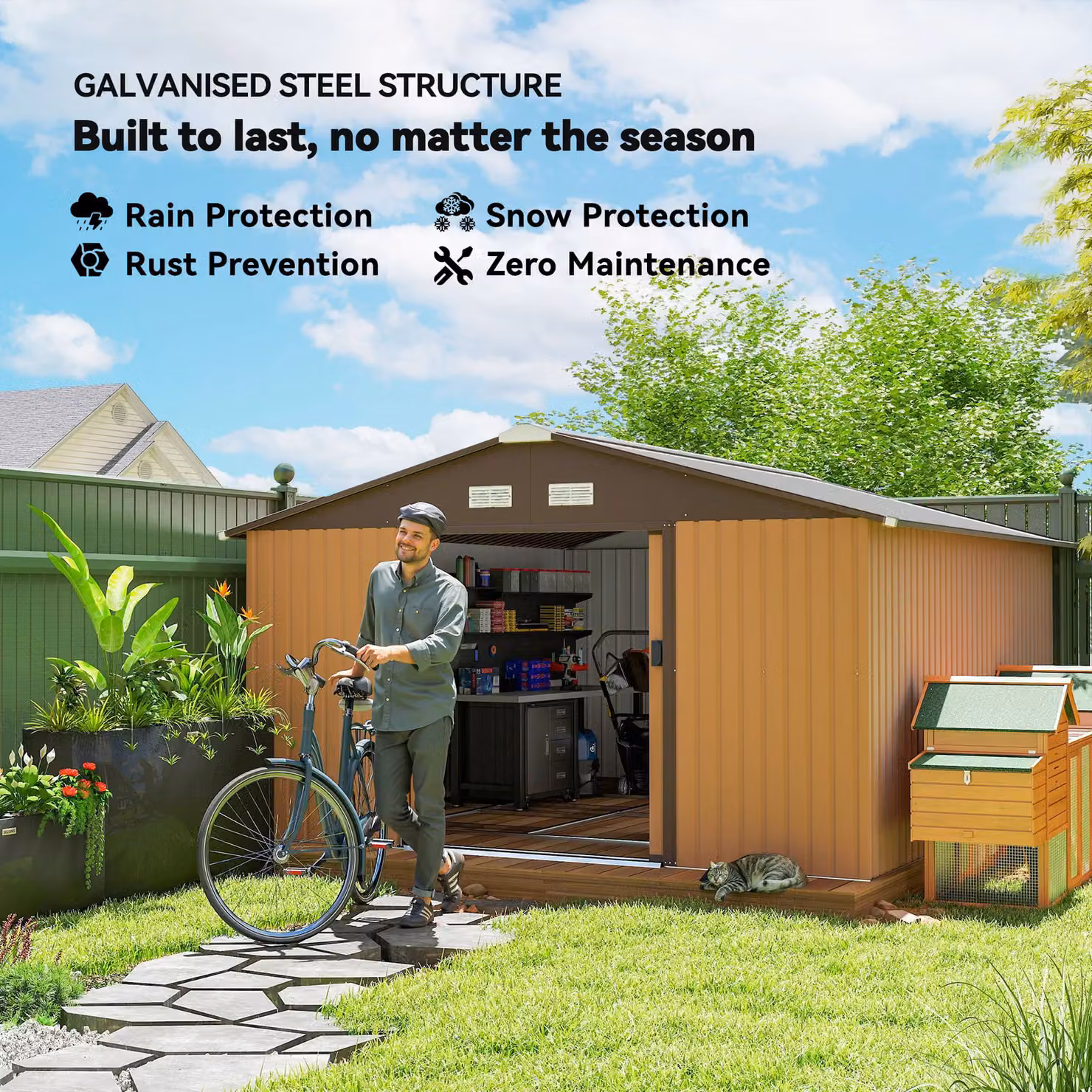 Outsunny Galvanised Metal Outdoor Garden Storage Shed with Pent Roof and Sliding Doors in Brown, W/D/H: 340 x 200 x 200 cm – 3