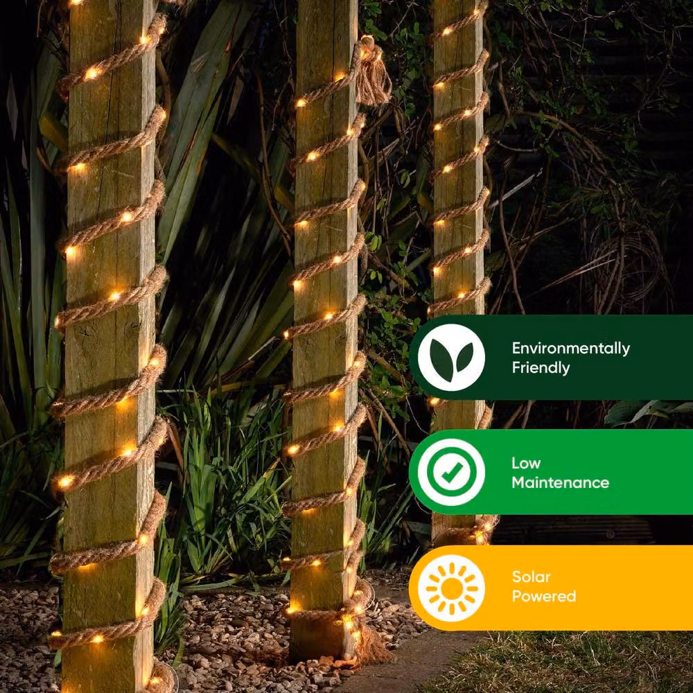 Gardenwize 4m Solar Powered Decorative Hemp Rope String Lights with 45 Warm White LEDs in Beige – 3