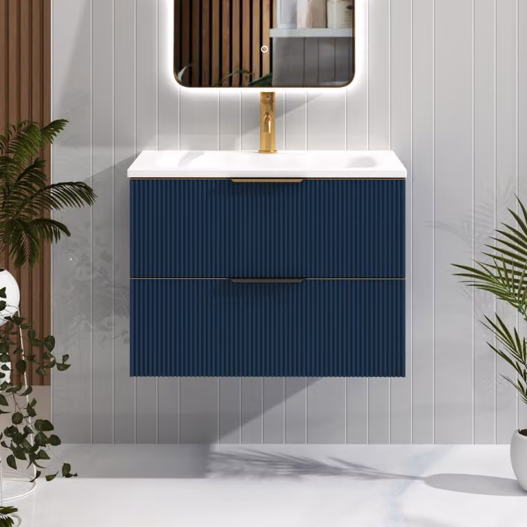 Royal Bathrooms Evora Midnight Blue Fluted Wall Hung Vanity Unit with 2 Drawers, Matt Stone Basin and Brushed Brass Handles, W: 70 cm