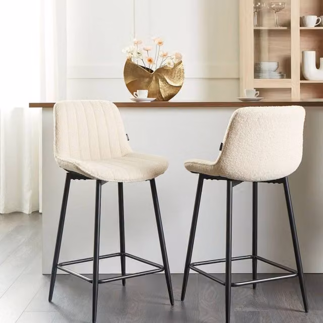 Wyld and Coco Set of 2 Armless Boucle Bar Chairs in Light Beige with Matte Black Steel Legs – 1