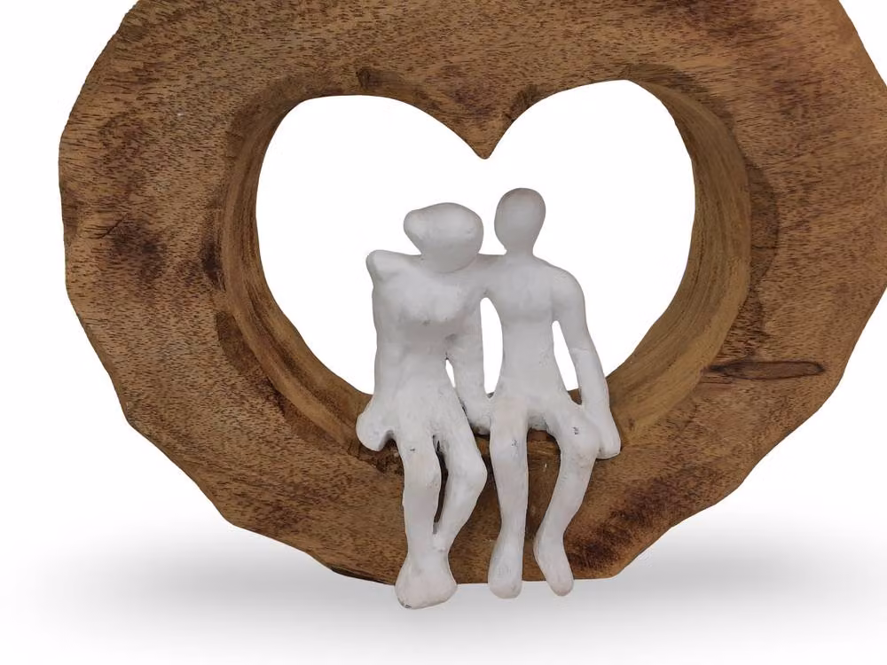 Elm Home And Garden Mango Wood and Aluminium Couple in Heart Sculpture, Brown and White – 3