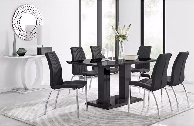 FurnitureboxUK Imperia Black Dining Set with Rectangular Glass Table and 6 Isco Faux Leather Chairs