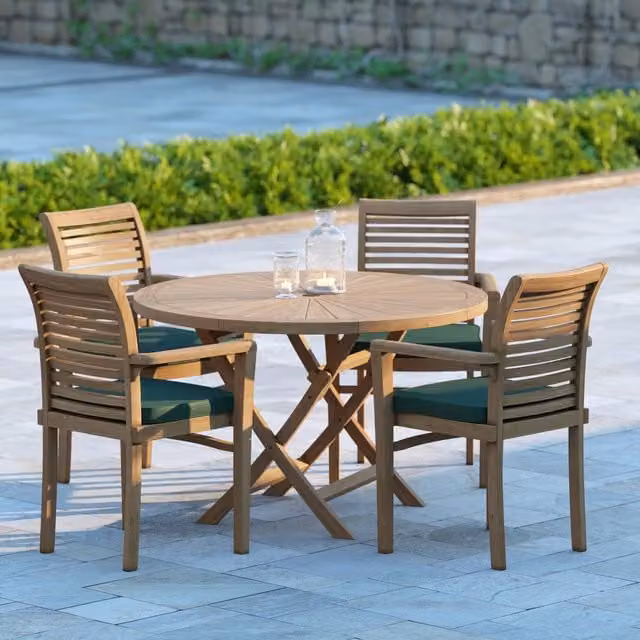 Eterna Round Teak Garden Dining Set with 4 Chairs in Brown and Green, W/D/H: 120 x 120 x 60 cm