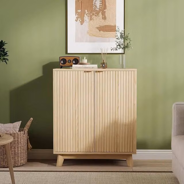 VOGREX Modern Fluted Wooden Sideboard with 2 Doors in Brown and Gold