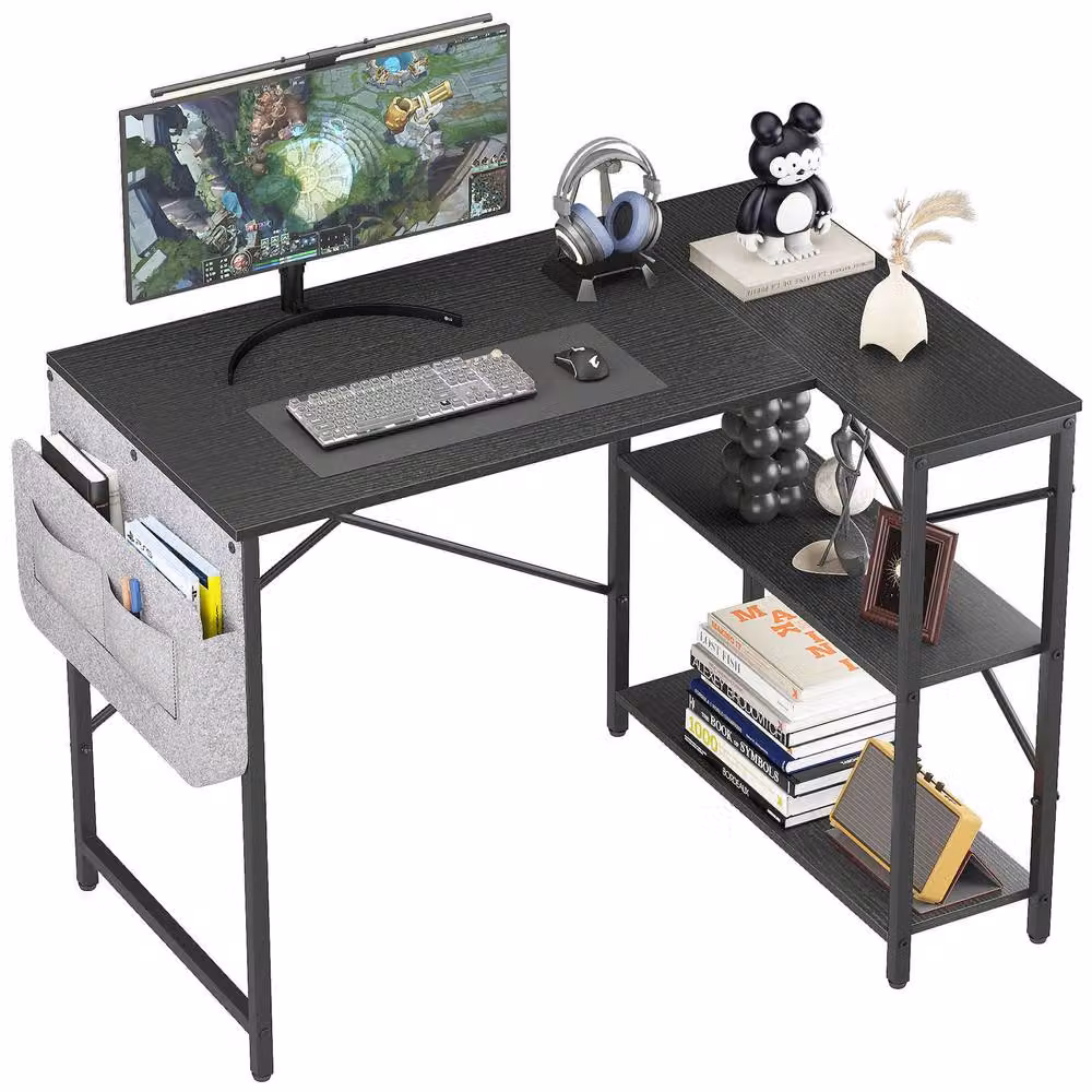 Huhote L-Shaped Corner Computer Desk in Black with 2 Shelves and Storage Bag, W/D/H: 100 x 70 x 75 cm – 2