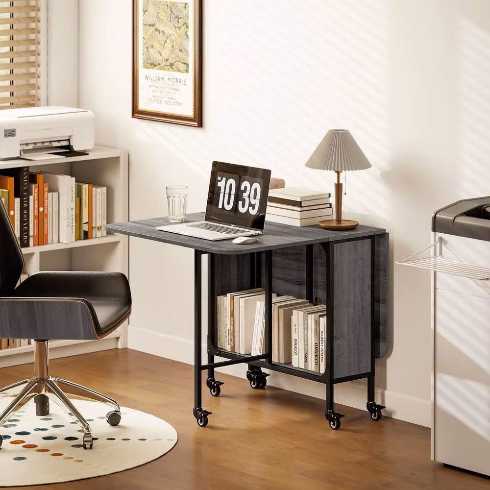 STILVORA Modern Grey Extendable Drop Leaf Dining Table with Castors and Storage Shelf – 8
