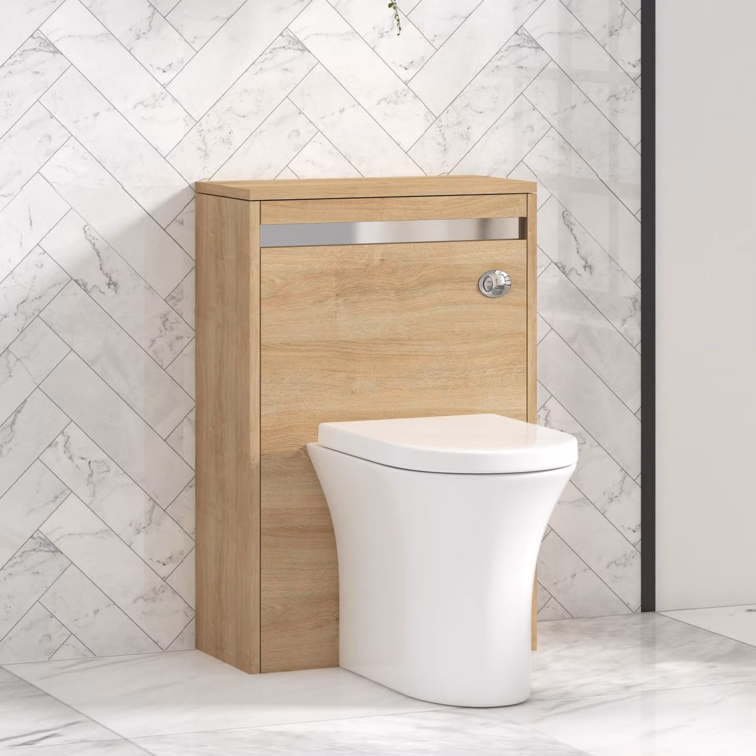 Royal Bathrooms Orion Natural Oak Wall Mounted WC Unit with Breeze Rimless Ceramic Toilet Pan, Seat and Cistern, Width: 54 cm