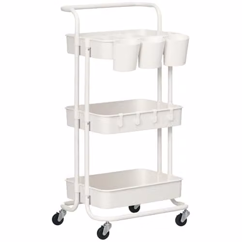 HOMCOM 3-Tier Metal Utility Rolling Cart with 3 Baskets and 4 Hooks, White, W: 38.0 cm, D: 42.0 cm, H: 86.5 cm