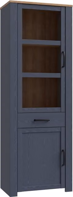 Furniture To Go Bohol Narrow Display Cabinet in Blue Lacquered Oak with Glass Doors and Soft Close Hinged Doors