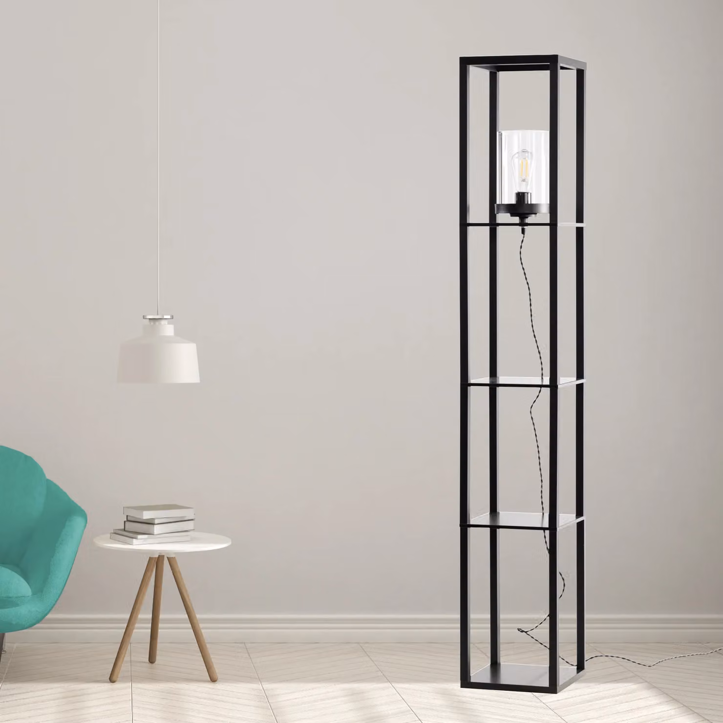 First Choice Lighting Giles Shelved Unit Floor Lamp with Black Wood and Transparent Glass Shade, H 160.5 cm x W 26 cm x D 26 cm – 4
