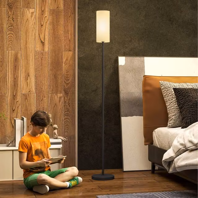 HOMCOM Minimalist Floor Lamp with Fabric Cylinder Shade and Foot Switch in Black and White