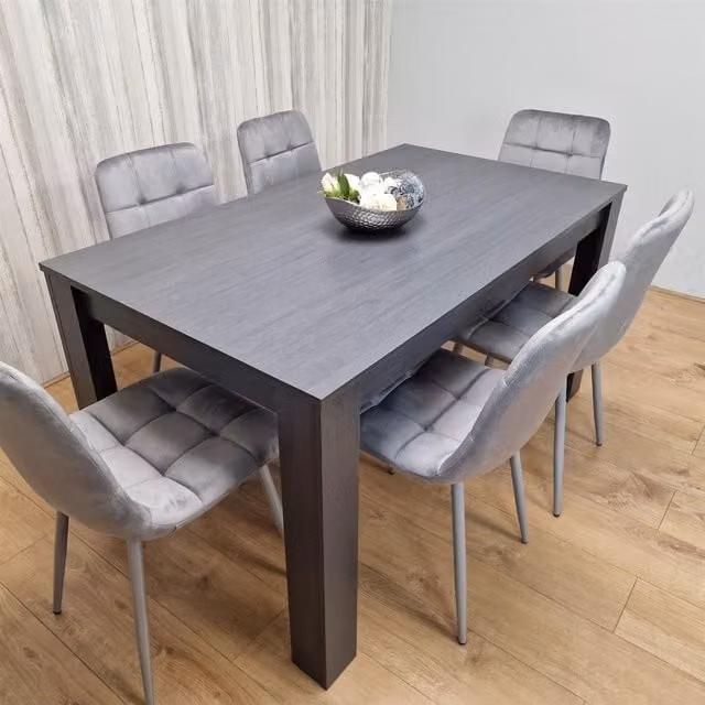 Kosy Koala Modern Rectangular Dining Set with 6 Grey Velvet Chairs and Brown Wood Table