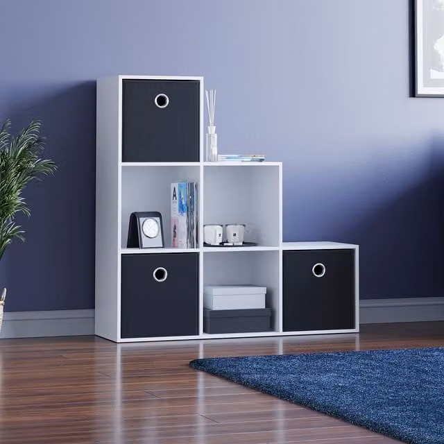 Vida Designs Durham 6 Cube Staircase Storage Unit in White with 3 Black Baskets