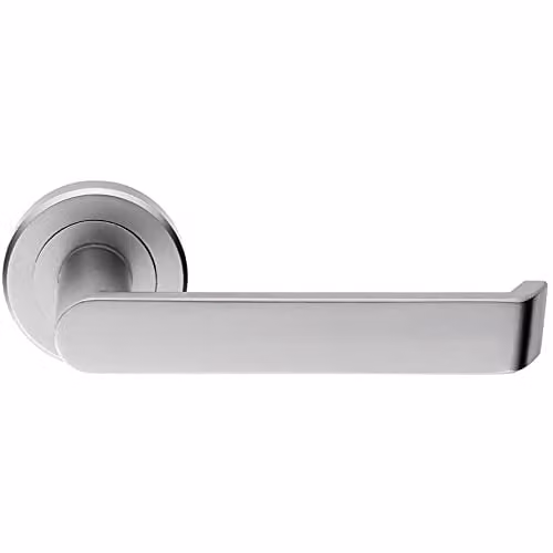 Loops Pair Flat Faced Lever on Round Rose Chamfered Edge Concealed Fix Door Handles in Satin Chrome