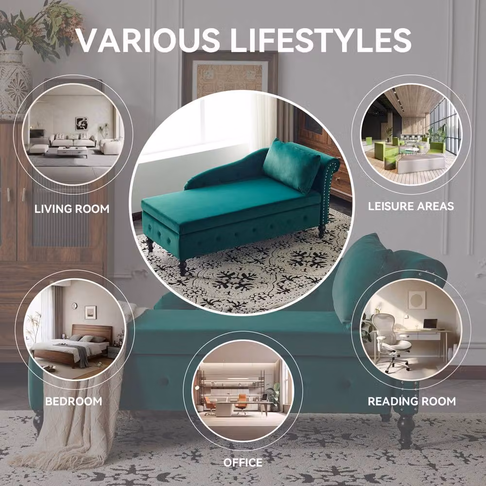 Merax Green Velvet Right Arm Chaise Longue Sofa with Storage and Scatter Cushions – 5