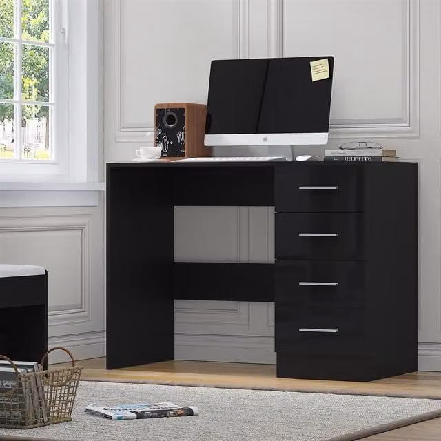 Reflect 4 Drawer High Gloss Desk in Black Gloss and Black Oak, H: 72 cm x W: 99 cm x D: 39.5 cm