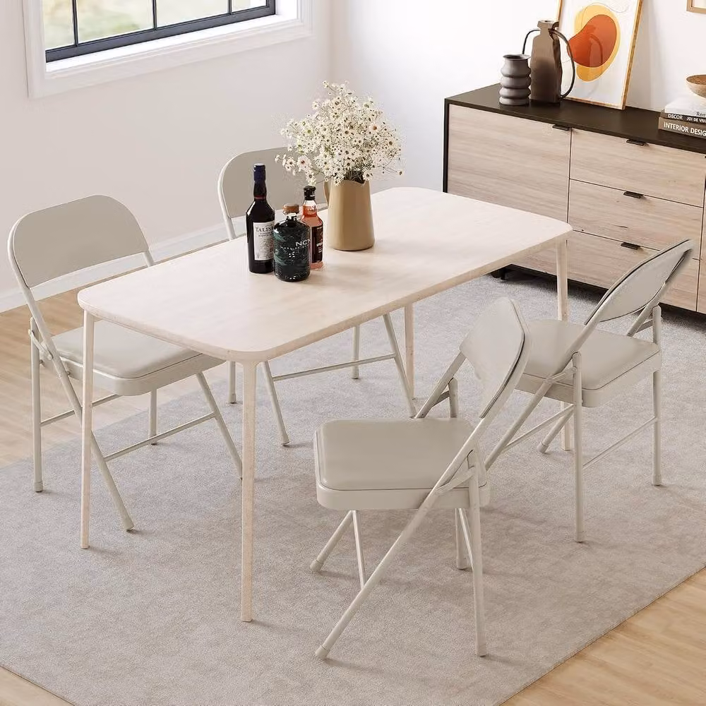 London Boutique Set of 4 Beige Upholstered Folding Dining Chairs with Stackable Padded Accent Seating – 2