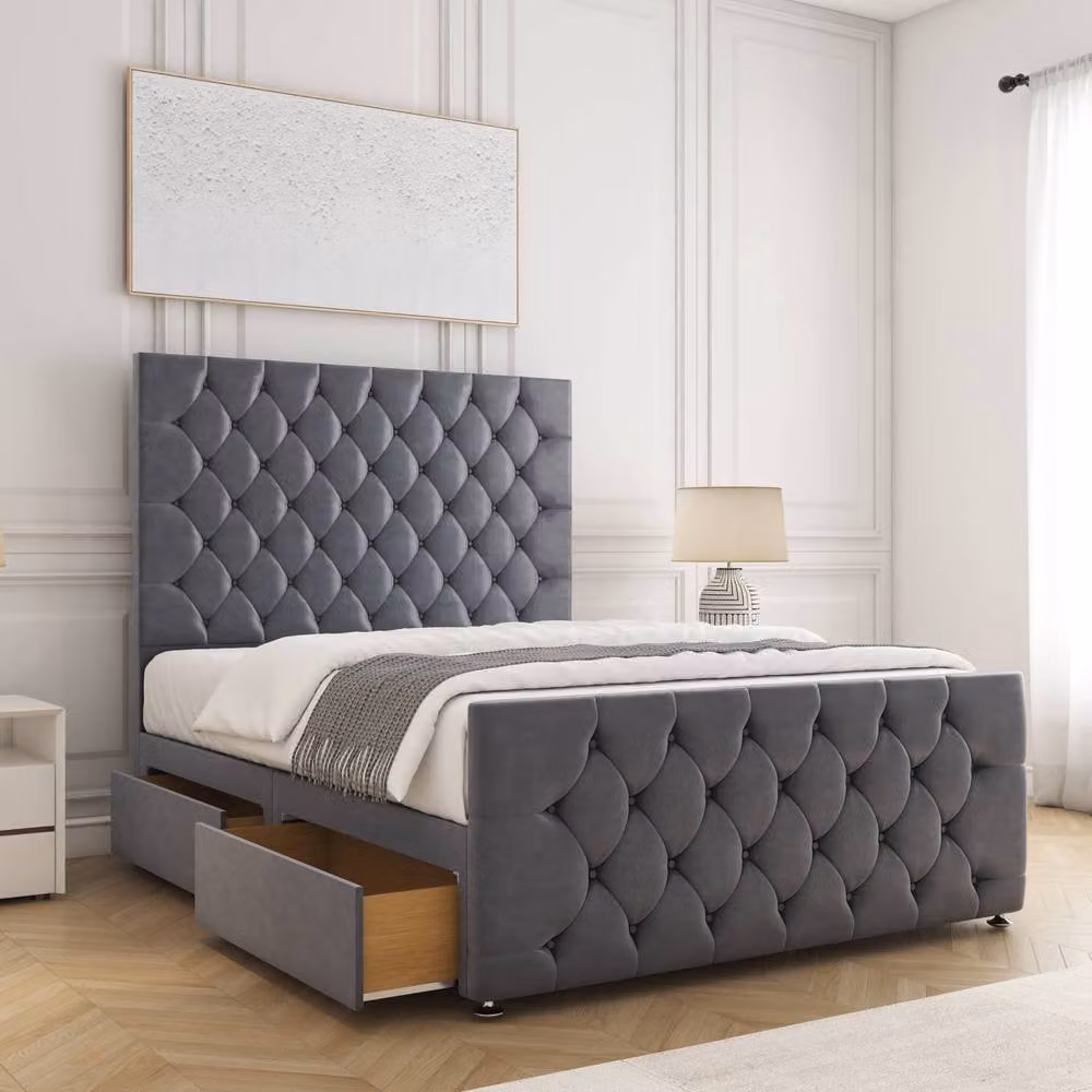 BSSPOKE Maya Velvet Divan Bed with 54 inch Headboard, Footboard and 4 Drawers in Charcoal Grey, Super King, W/D/H: 200 x 137.16 x 137.16 cm