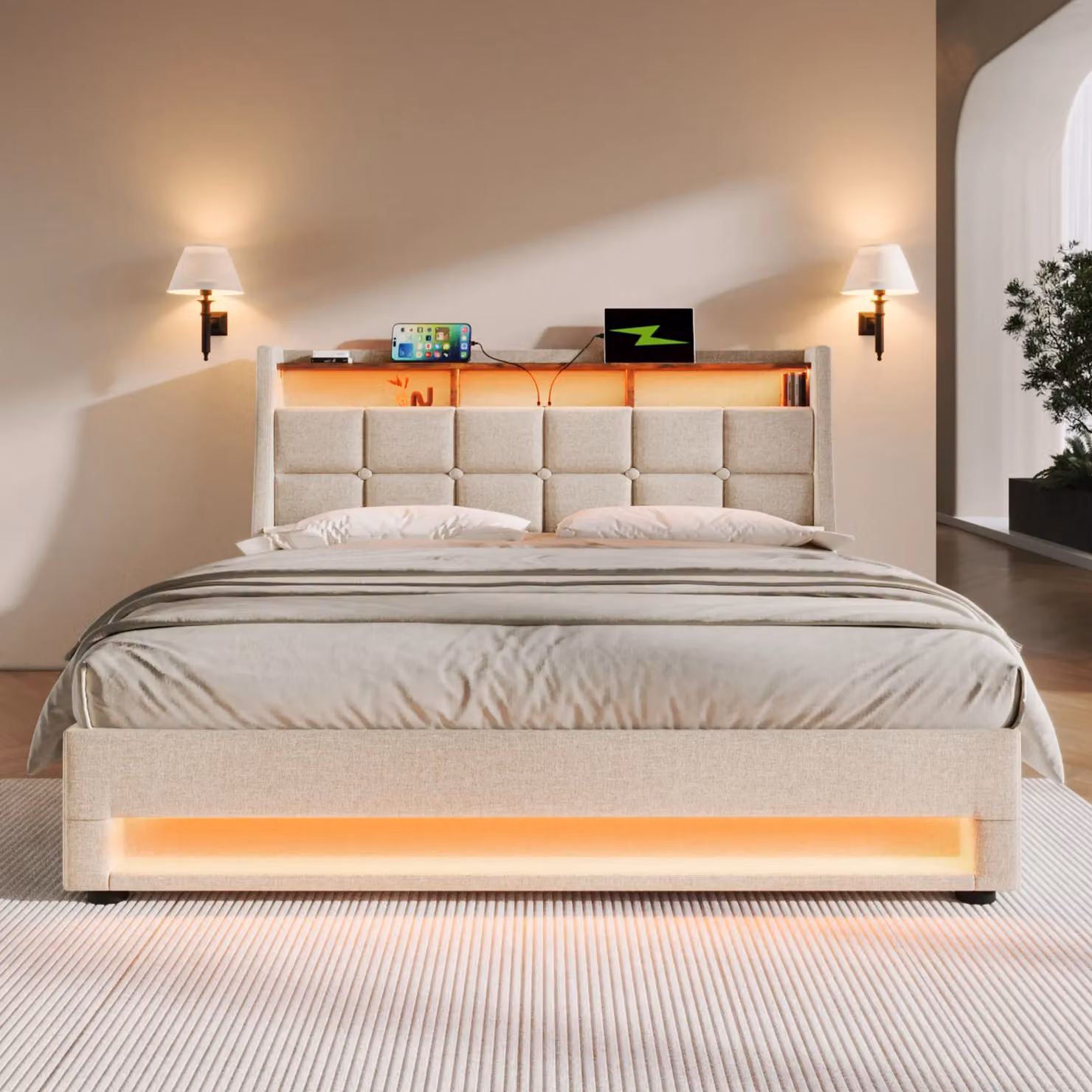 Matteo Upholstered Double Bed Frame with Under-Bed LED Lighting and USB Charging Port in Beige, W/D/H: 135 x 190 cm – 6