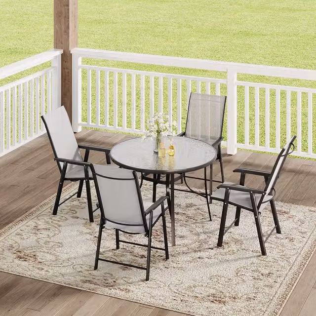 Komore Modern Garden Bistro Set with Round Glass Table and 4 Folding Chairs in Black