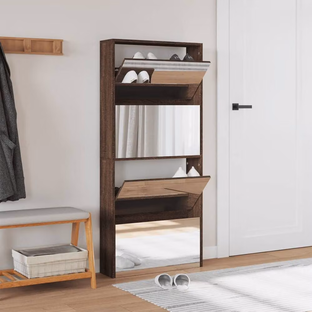 Berkfield Home Modern 4-Layer Shoe Cabinet with Mirror in Brown Oak, W: 63 cm, D: 17 cm, H: 134 cm – 2