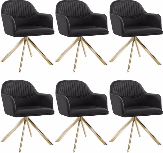 tectake Lona Set of 6 Velvet Armchairs in Black and Gold with 360 Degree Swivel and Armrests – 1