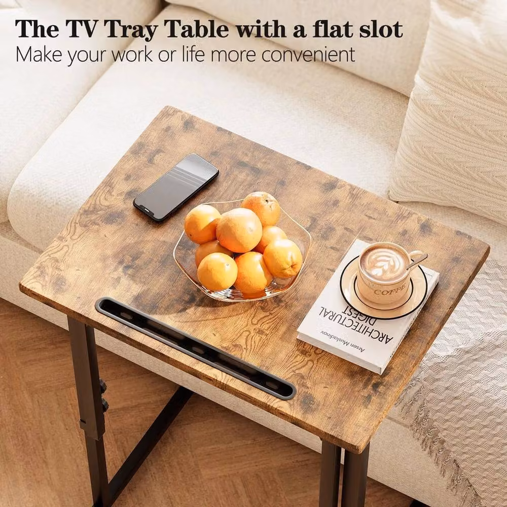 FORGEVIO C-Shaped Folding TV Tray Table in Brown with Height-Adjustable Wood Top – 4