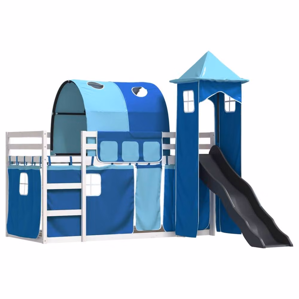 Berkfield Home Blue Solid Wood Childrens Bunk Bed with Slide and Curtains W/D/H: 90 x 200 cm – 3