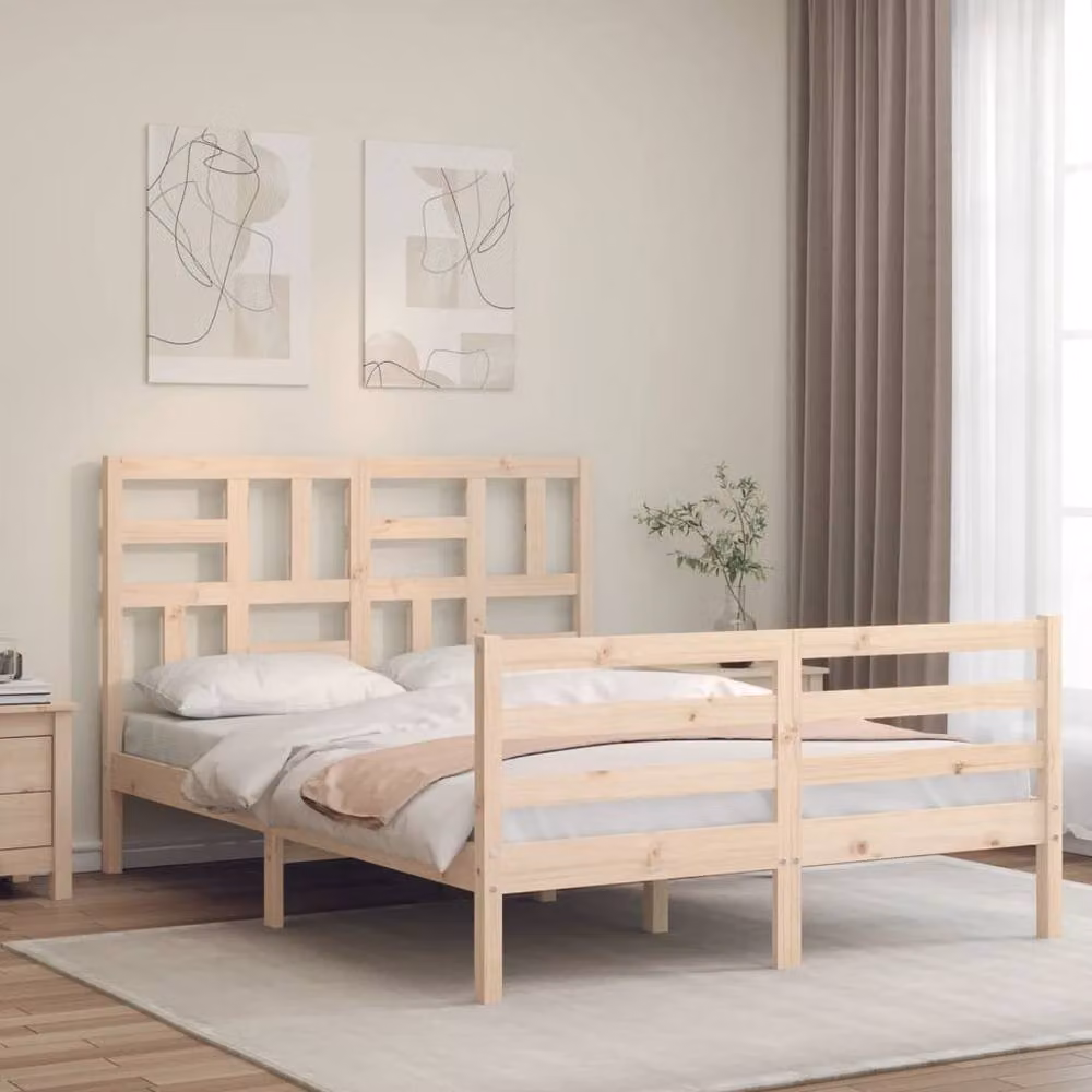 Berkfield Home Solid Wood Bed Frame with Headboard in Natural Pine, 140 x 200 cm – 2