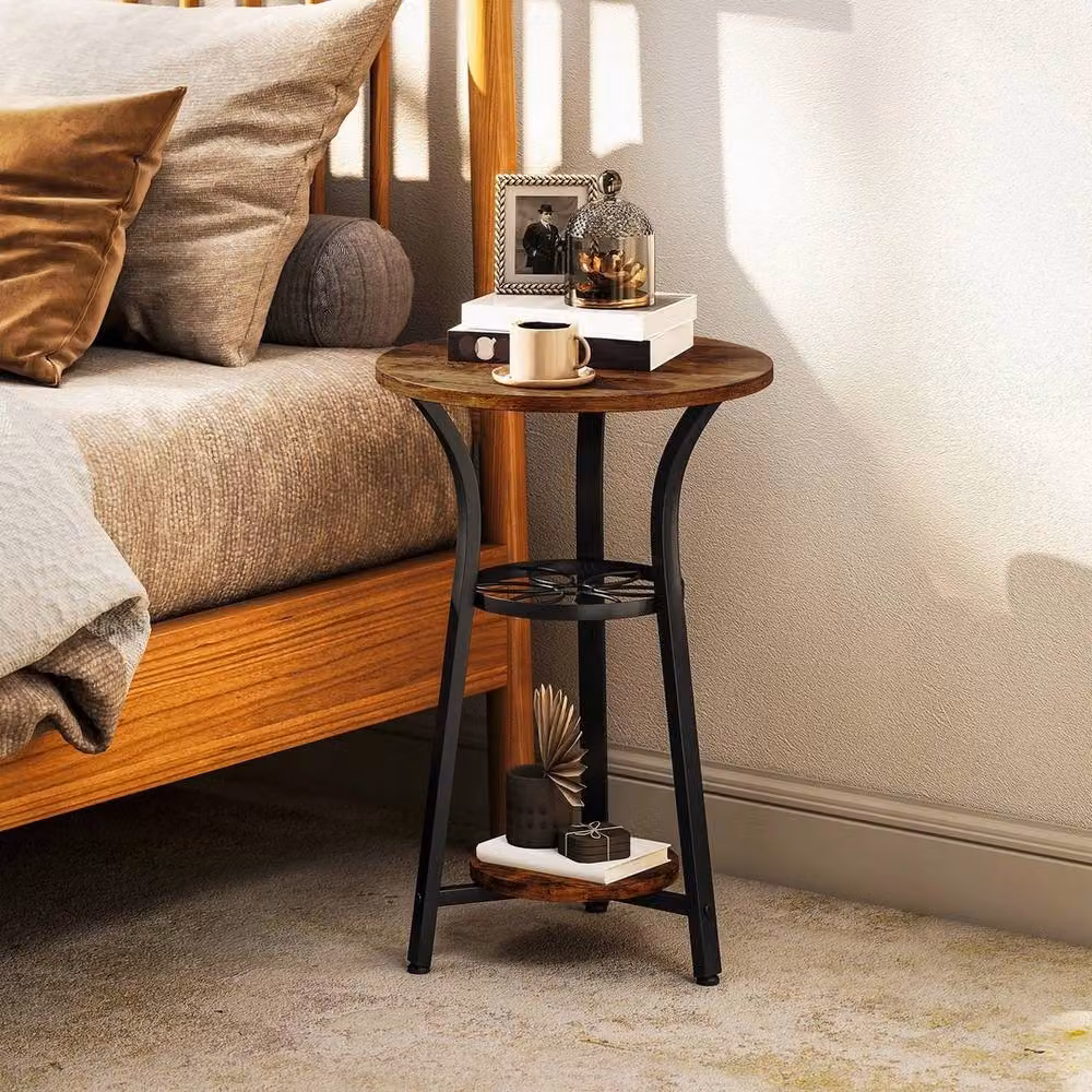 EONLION 3-Tier Industrial Round Side Table in Brown and Black, Diameter: 38 cm – 3