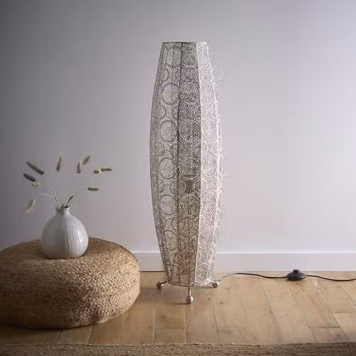 K LIVING Aziza Moroccan Style Metal Floor Lamp in Silver and Grey with LED Bulb Included