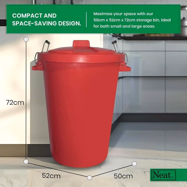 Neat. 90L Heavy Duty Plastic Kitchen Dustbin with Lid and Metal Handle, Red