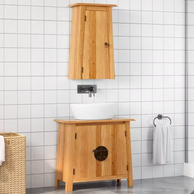 Berkfield Home 2 Piece Rustic Brown Solid Wood Pine Bathroom Furniture Set with Wall Mounted Cabinet and Hinged Doors