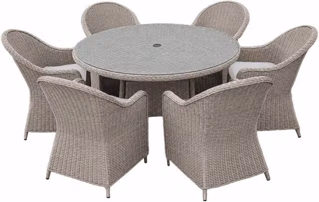 Shatchi Sorrento 6-Seater Rattan Dining Set, Round Polyrattan Garden Table and Chairs in Grey, W/D/H: 140 x 140 x 73 cm – 1